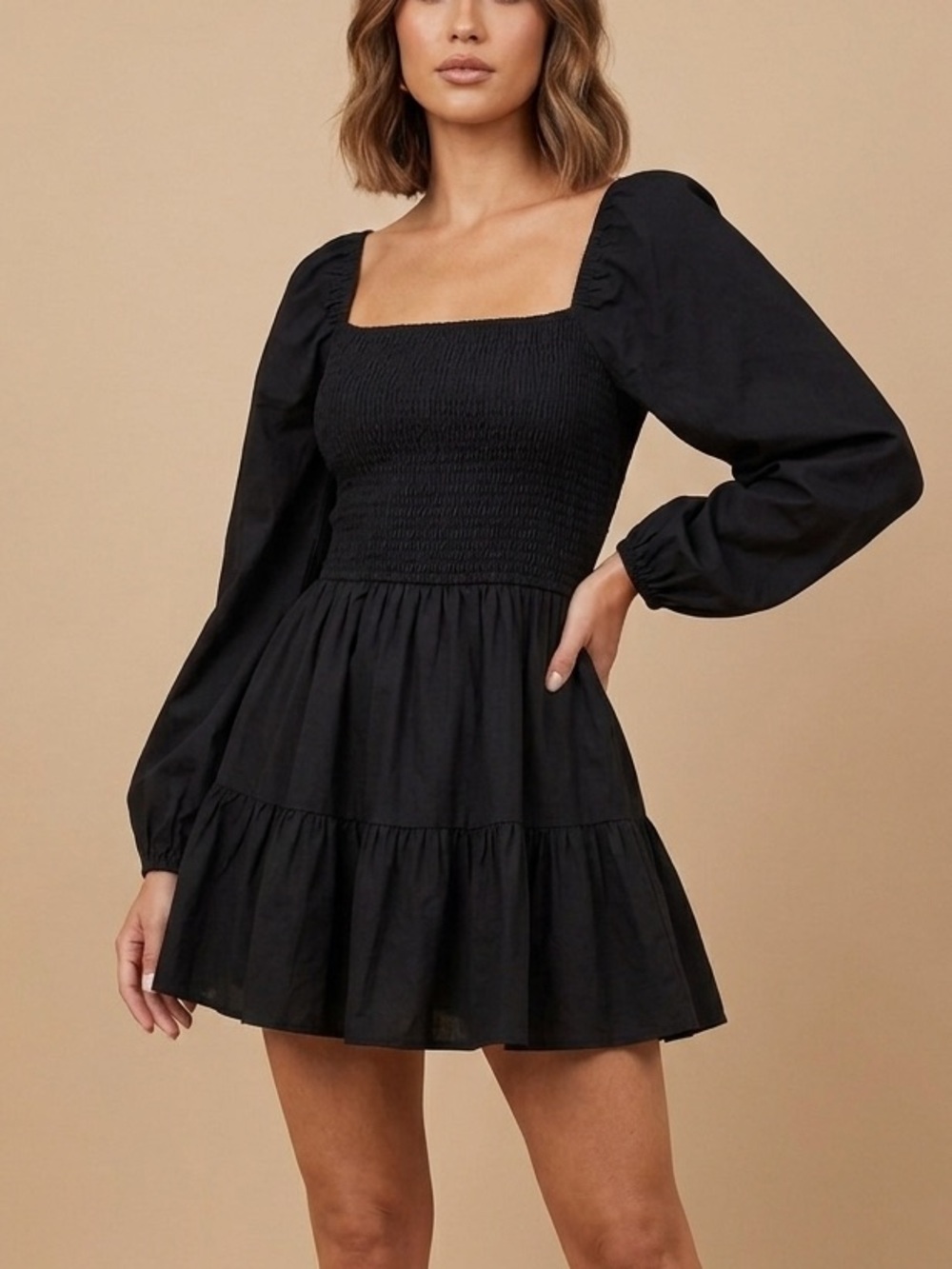 0330 - NWOT Express Black Smocked Bodice Mini romper with Puff Long Sleeves